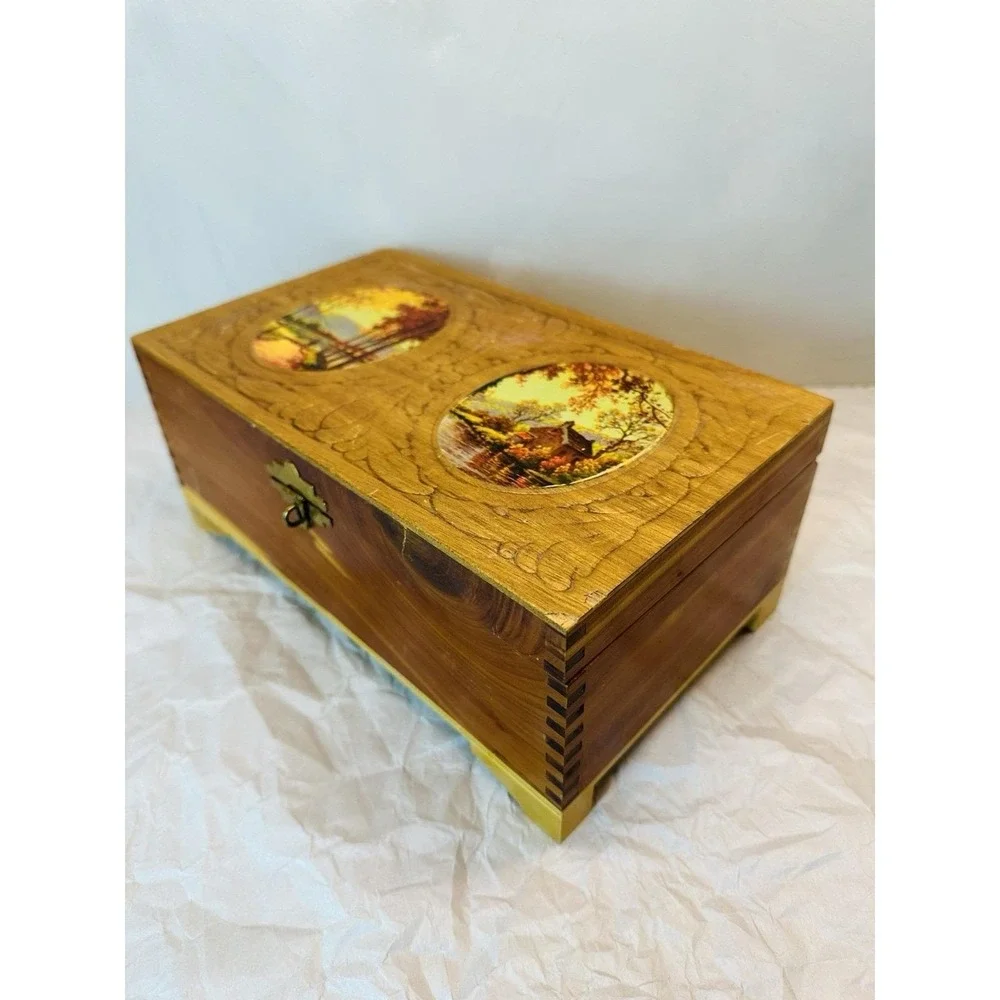 Vintage Cedar Jewelry box with carved and fall decopage lid, mirror inside
